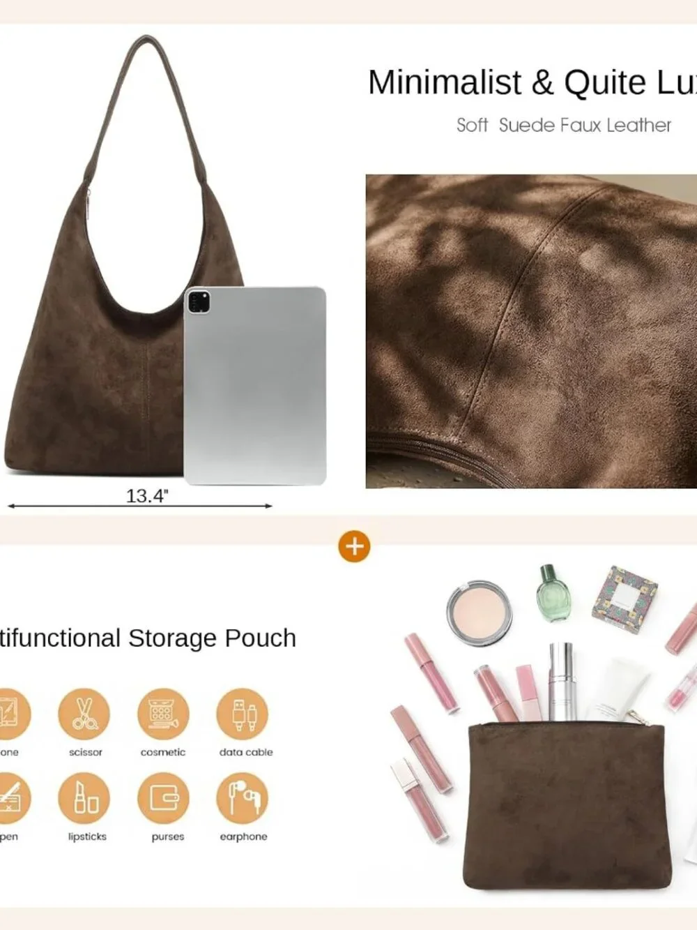 Slouchy Suede Hobo bag for Women Casual Shoulder Bag Soft Cresent Tote Purse Han